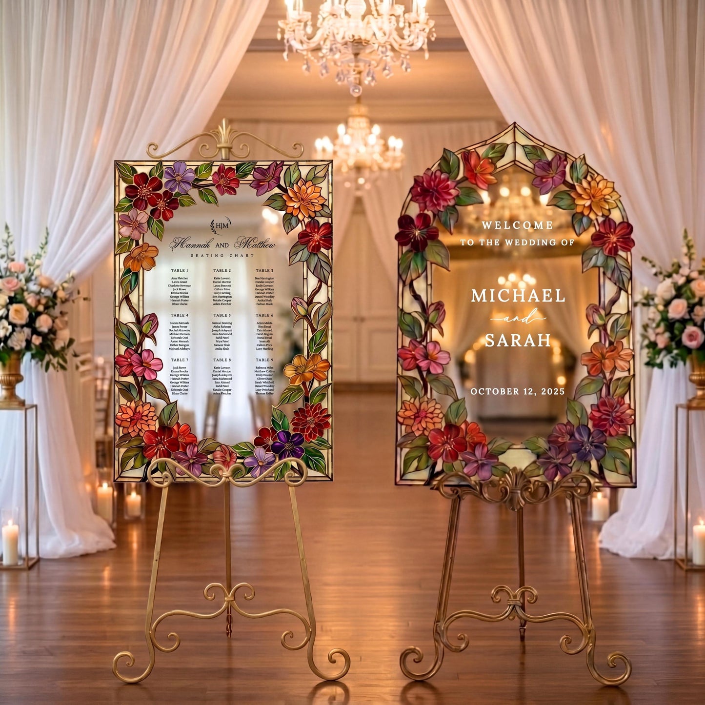 Fax Stained Glass Engagement Sign, Floral Arch Mirror Welcome Board, 3D Raised Acrylic, Moody Jewel Tone Autumn Decor