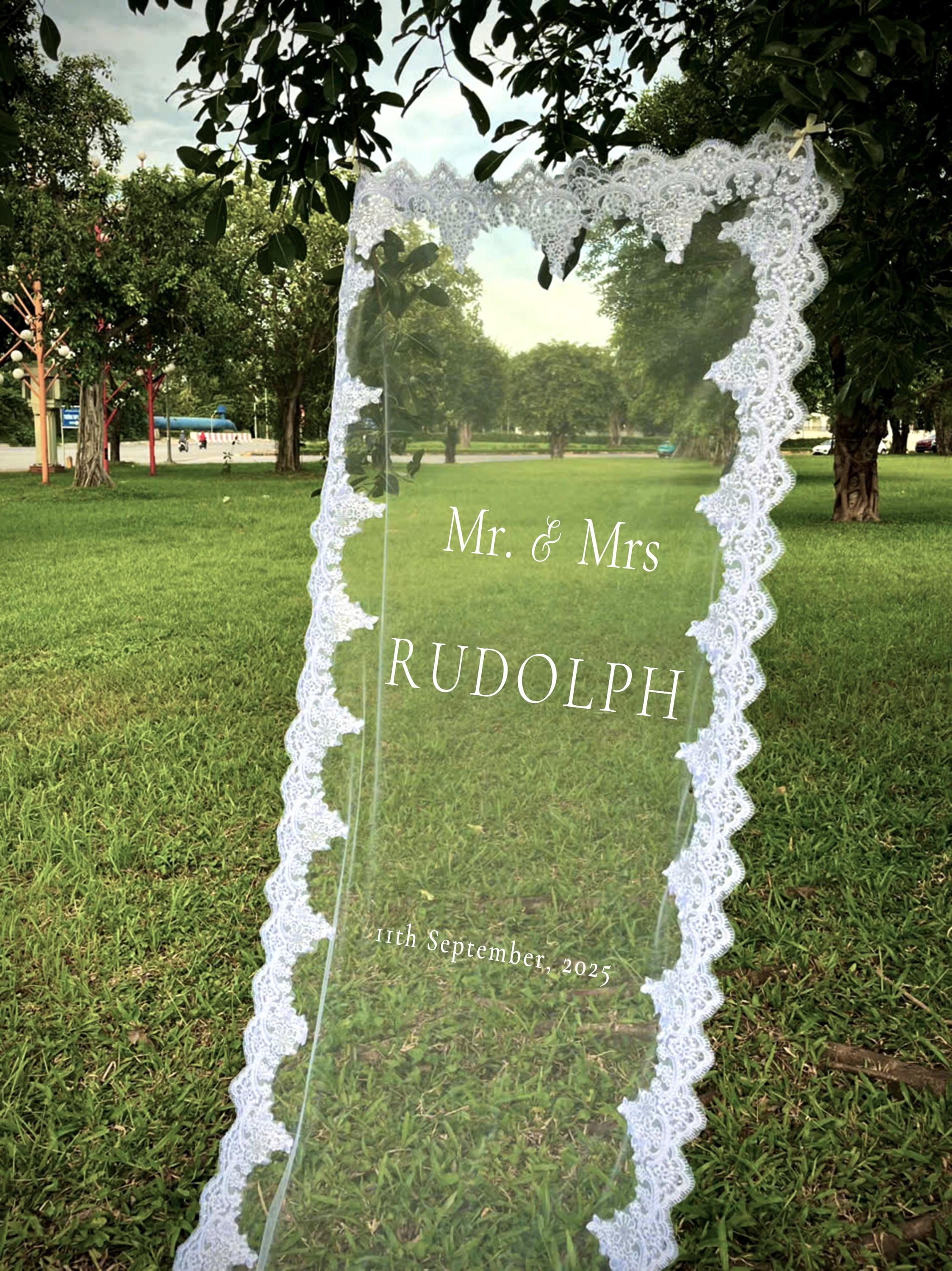 Sheer Lace Wedding Welcome Sign: Tulle Fabric, Macquin Sequins with stand