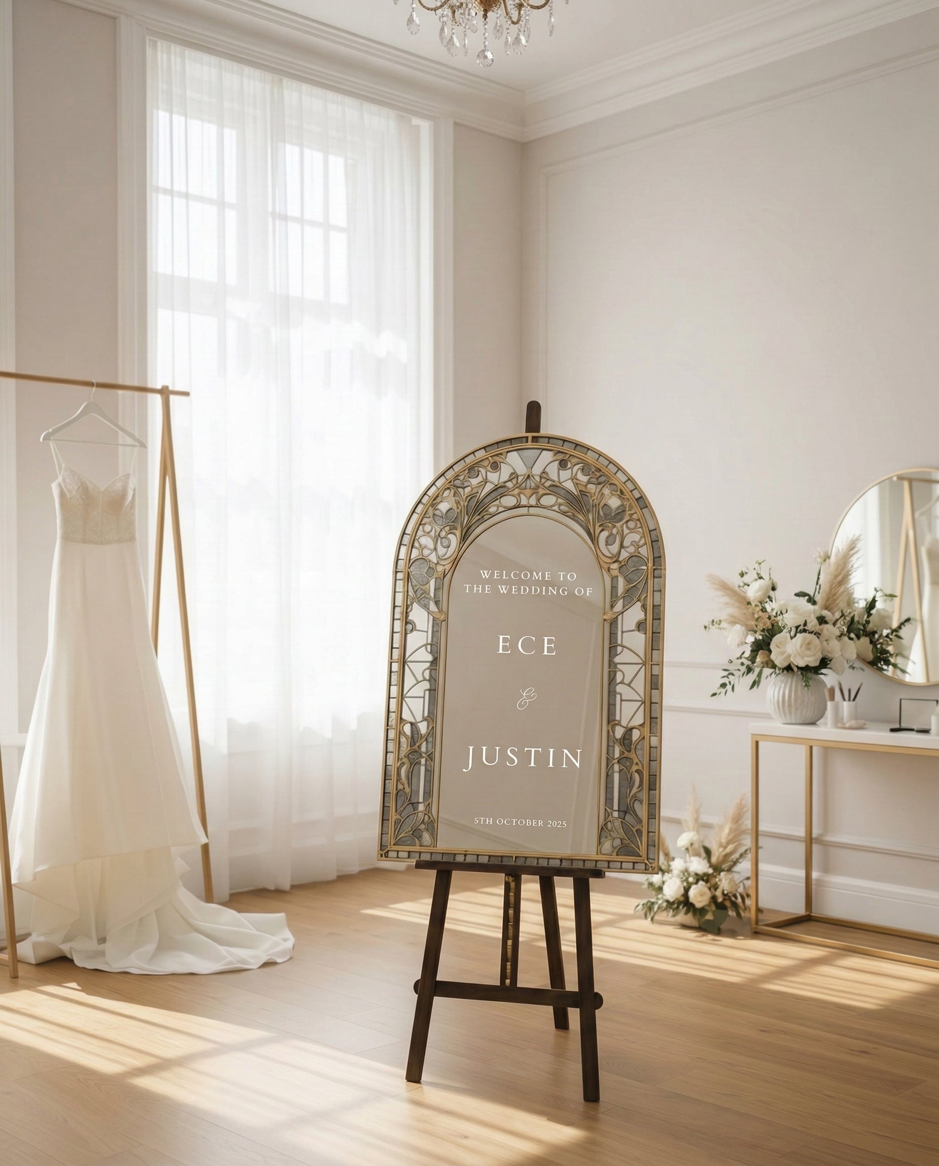 Custom Gold Mirror Wedding Sign, Gothic Stained Glass Arch Frame, Champagne Acrylic Welcome Board, Elegant Wedding Ceremony Entrance Decor