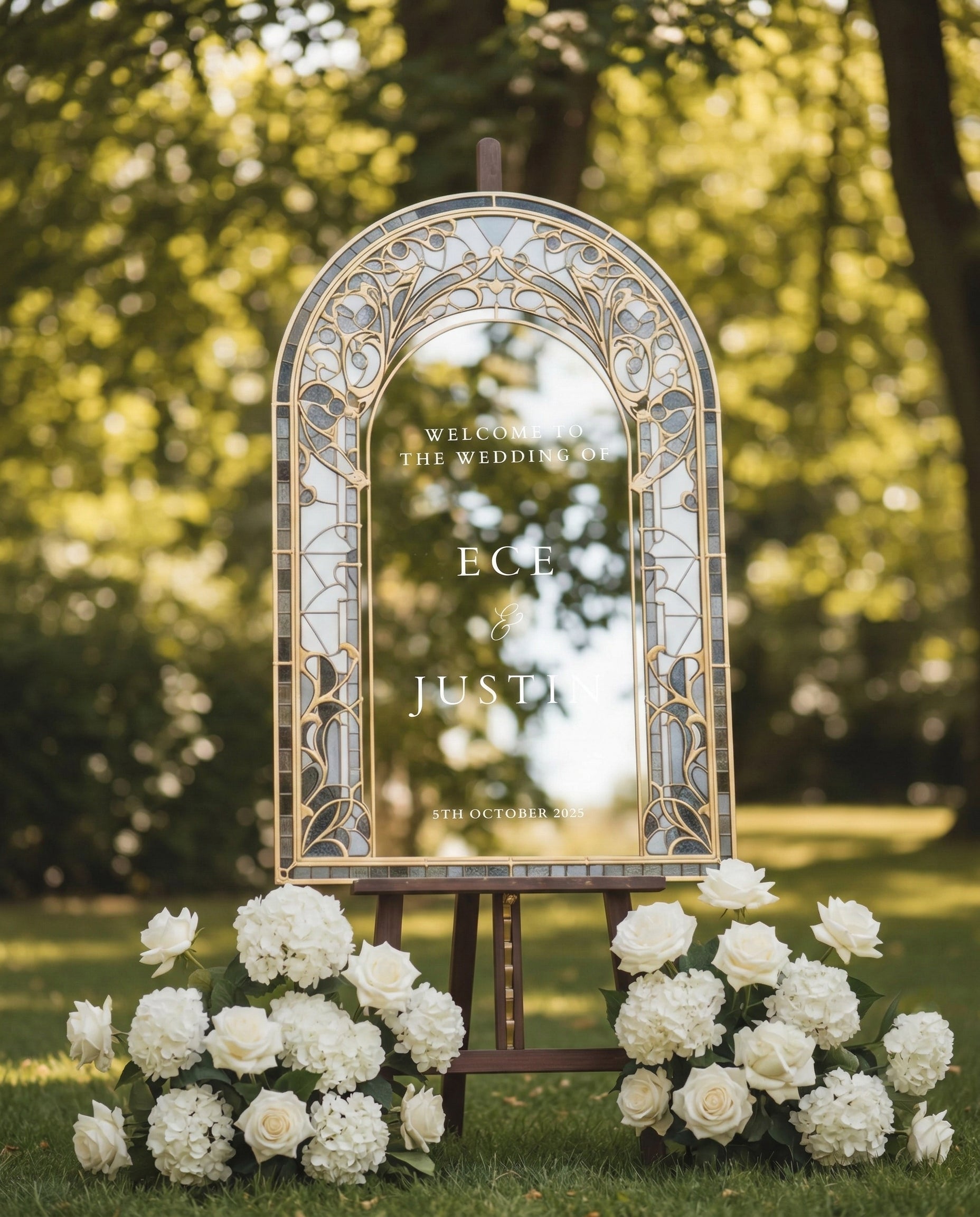 Custom Gold Mirror Wedding Sign, Gothic Stained Glass Arch Frame, Champagne Acrylic Welcome Board, Elegant Wedding Ceremony Entrance Decor