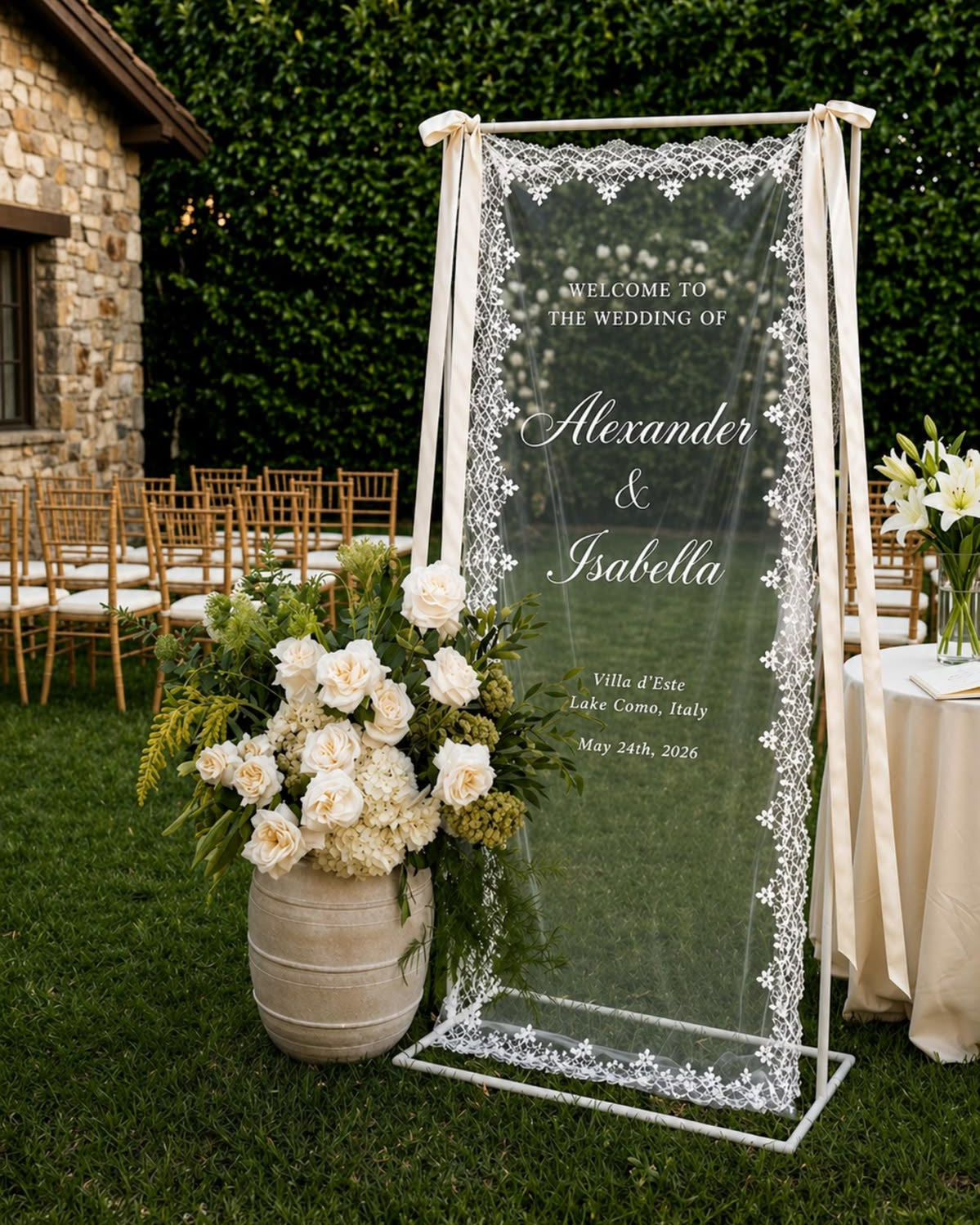 Sheer Lace Wedding Welcome Sign, Personalized Romantic Wedding Banner, Fabric Ceremony Reception Signage, Custom Wedding Decor