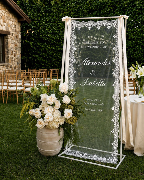 Personalized Lace Trim Wedding Welcome Sign, Boho Ceremony Decor