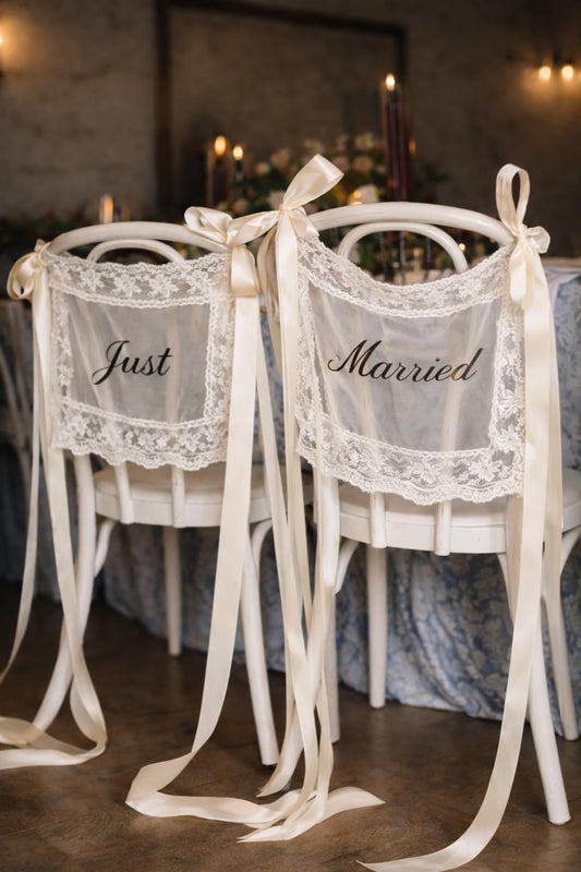 Sheer Lace Just Married Chair Signs