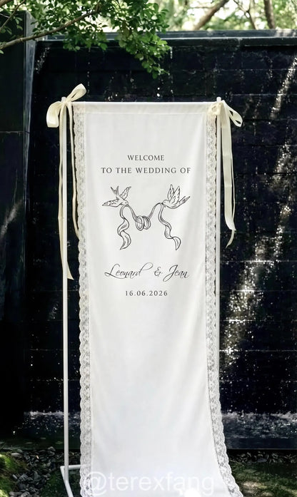 Custom Wedding Welcome Banner, Personalized Lace Fabric Sign