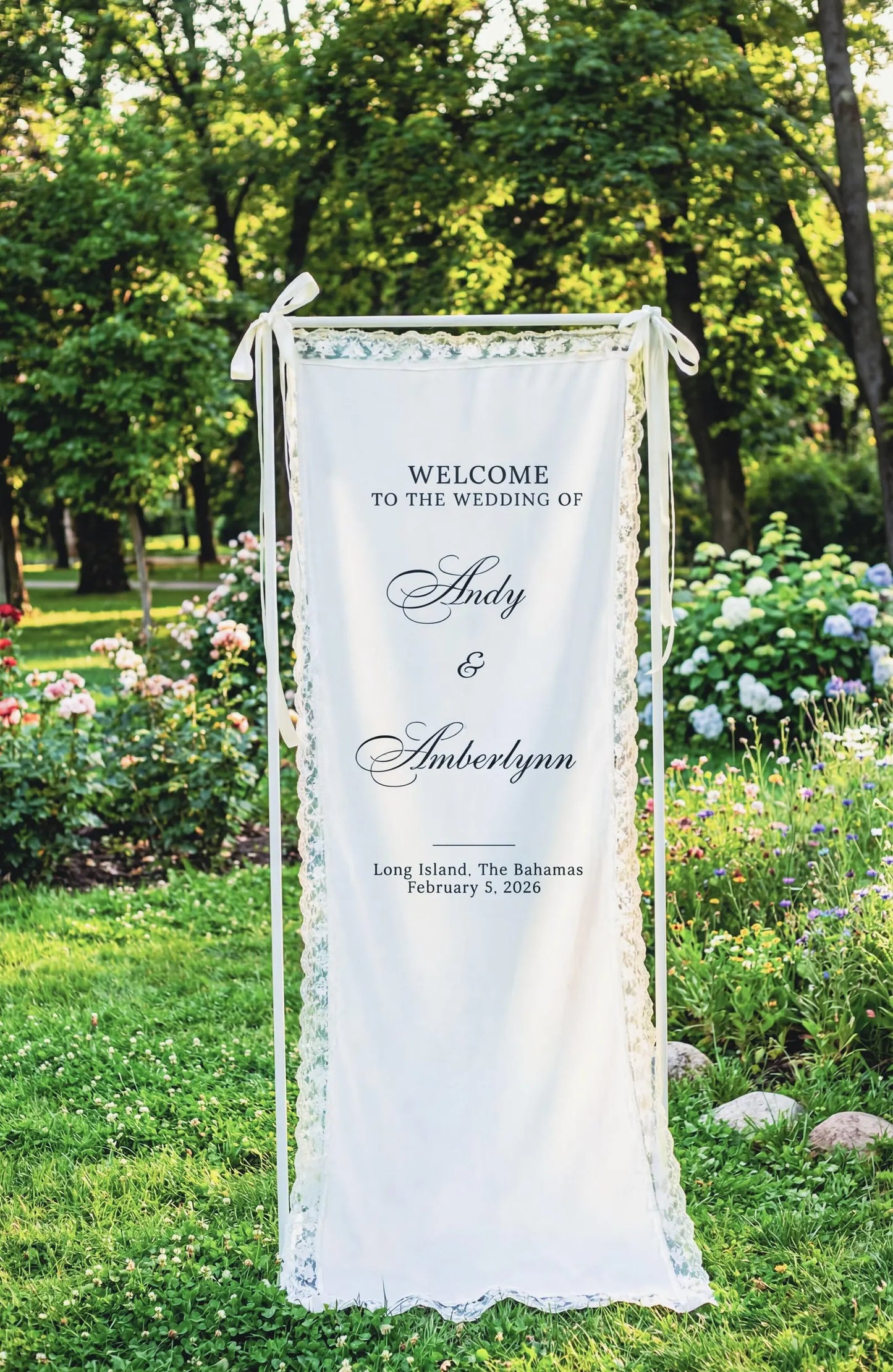 Custom Wedding Welcome Banner, Personalized Lace Fabric Sign