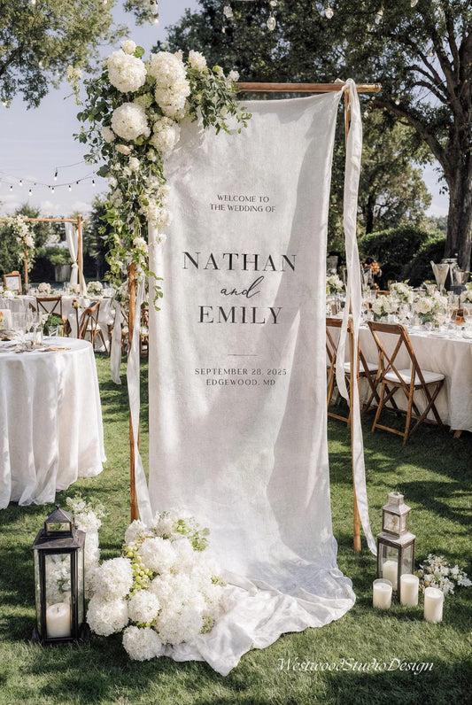 Personalized Linen Wedding Welcome Sign – Custom Fabric Banner for Weddings