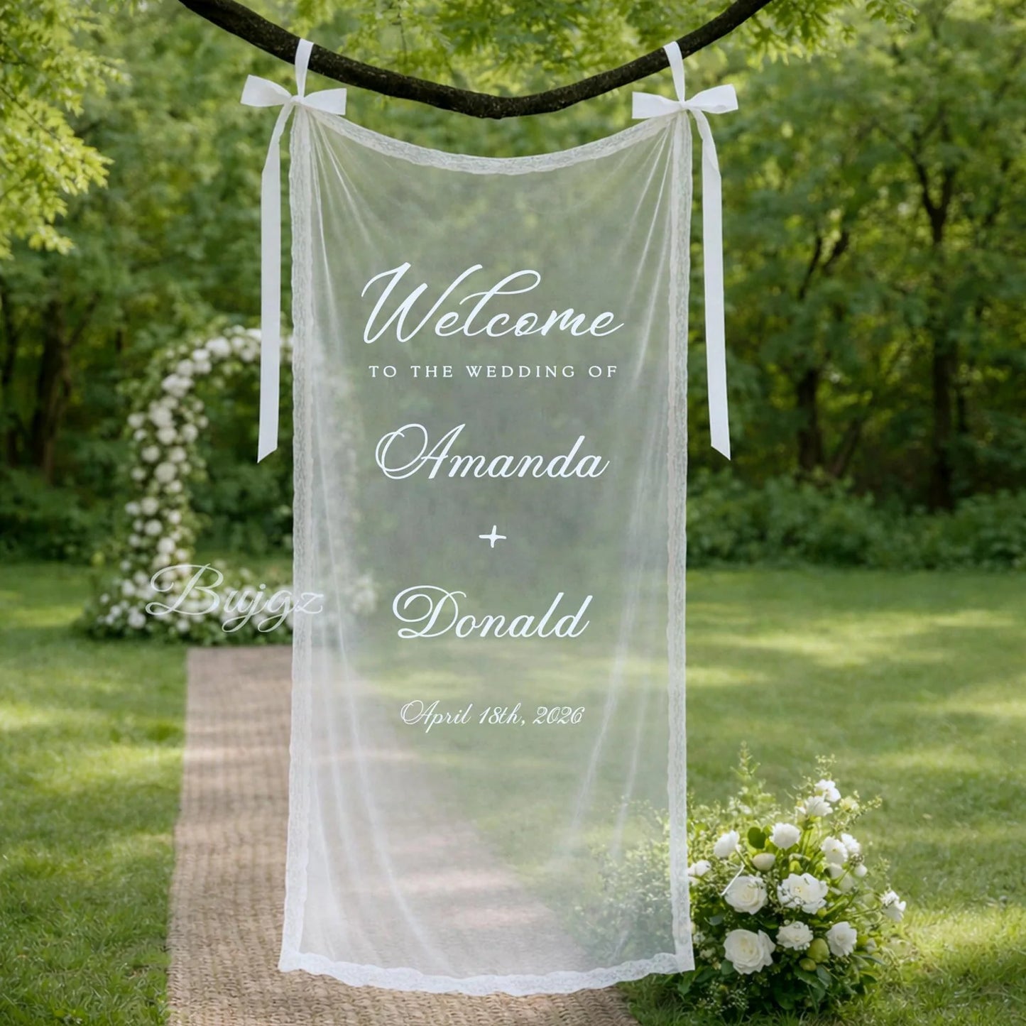 Personalized Sheer Tulle Wedding Welcome Sign: Lace Trim, Modern Romantic Banner
