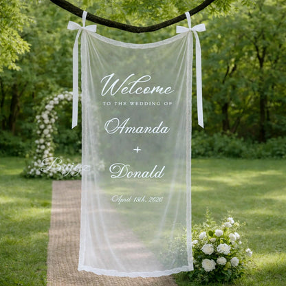 Personalized Sheer Tulle Wedding Welcome Sign: Lace Trim, Modern Romantic Banner