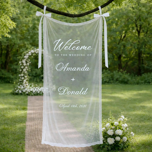 Personalized Sheer Tulle Wedding Welcome Sign: Lace Trim, Modern Romantic Banner